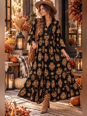 JODIFL Black & Tan Boho Maxi Dress NWOT Scalloped Trim